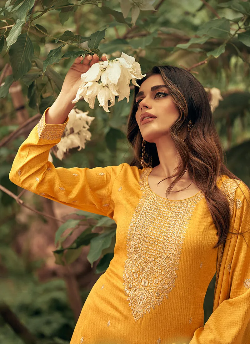 Yellow Colour Embroidered Pant Style Suit